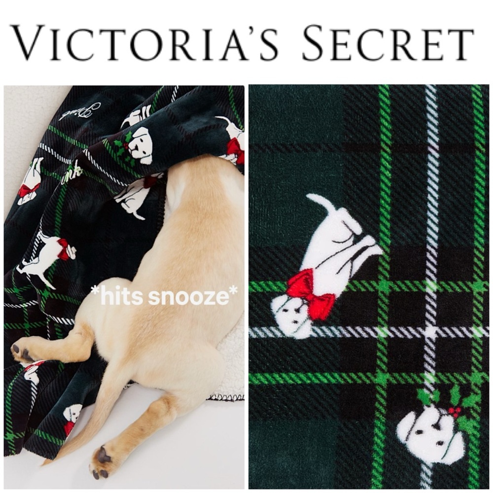 Victoria’s Secret Cozy Logo Blanket green plaid with dog pattern NWT